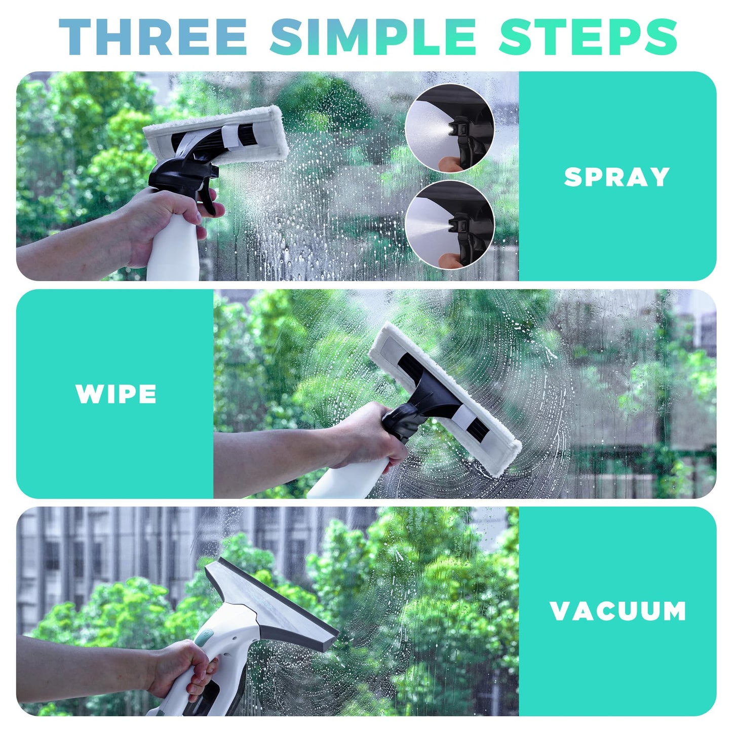 HAUSHOF Electric Window Vacuum Squeegee 11", Vacuum Squeegee Cordless Cleaner Tool Set, Window Vac with 300ml Spray Bottle & 100ml Water Tank for Mirror, Countertop, Showers
