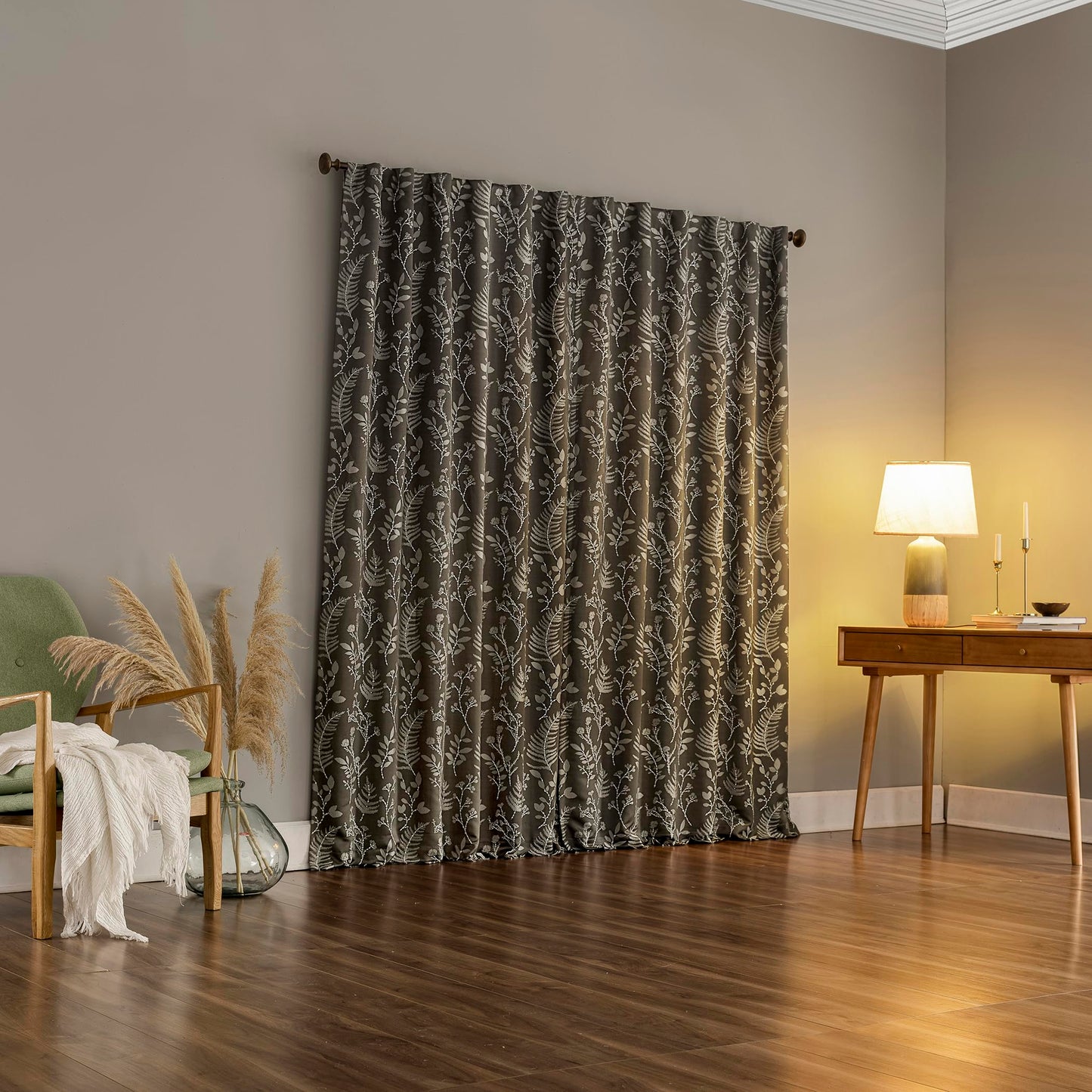 Sun Zero Ambridge 2-Pack Embroidered Botanical Leaf Pleated Look 100% Total Blackout Back Tab/Rod Pocket Curtain Panel Pair, Steel Gray, 50" W x 84" L (2 Panels)