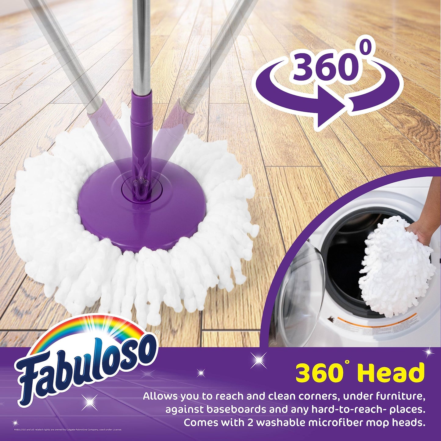 Fabuloso Spin Mop and Bucket Set, Hands-Free Pedal-Activated Spin Wringer, Adjustable Pole, Machine Washable and Replaceable Microfiber Mop Head, Works on All Hard Floor Surfaces