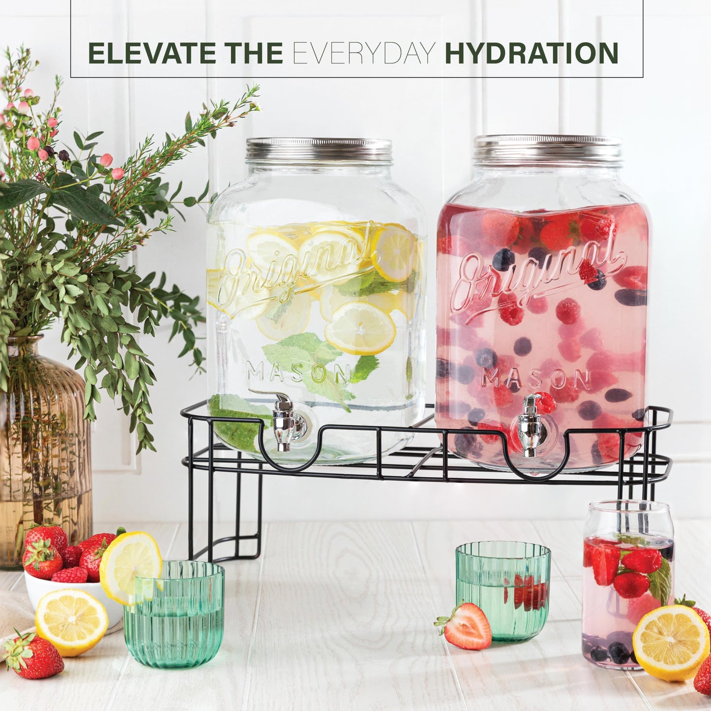 MosJos 2 GALLON Glass Drink Dispensers for Parties, 2 Pack Mason Jar Beverage Dispensers with Metal Stand, Glass Water Dispenser with Spigot, Laundry Detergent Dispenser