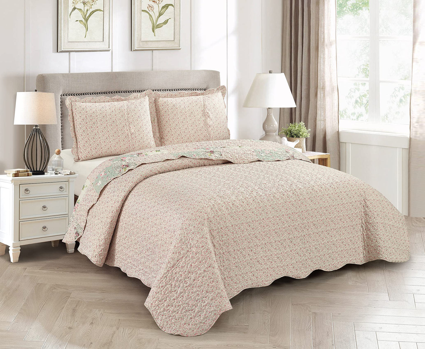 Brilliant Sunshine Rose and Sage Quilt Set, 3-Piece Bedding Sets, Traditional Patchwork Design, Washable and Reversible Bedspread, Soft Lightweight Coverlet, All-Season, Full/Queen, Light Pink Green