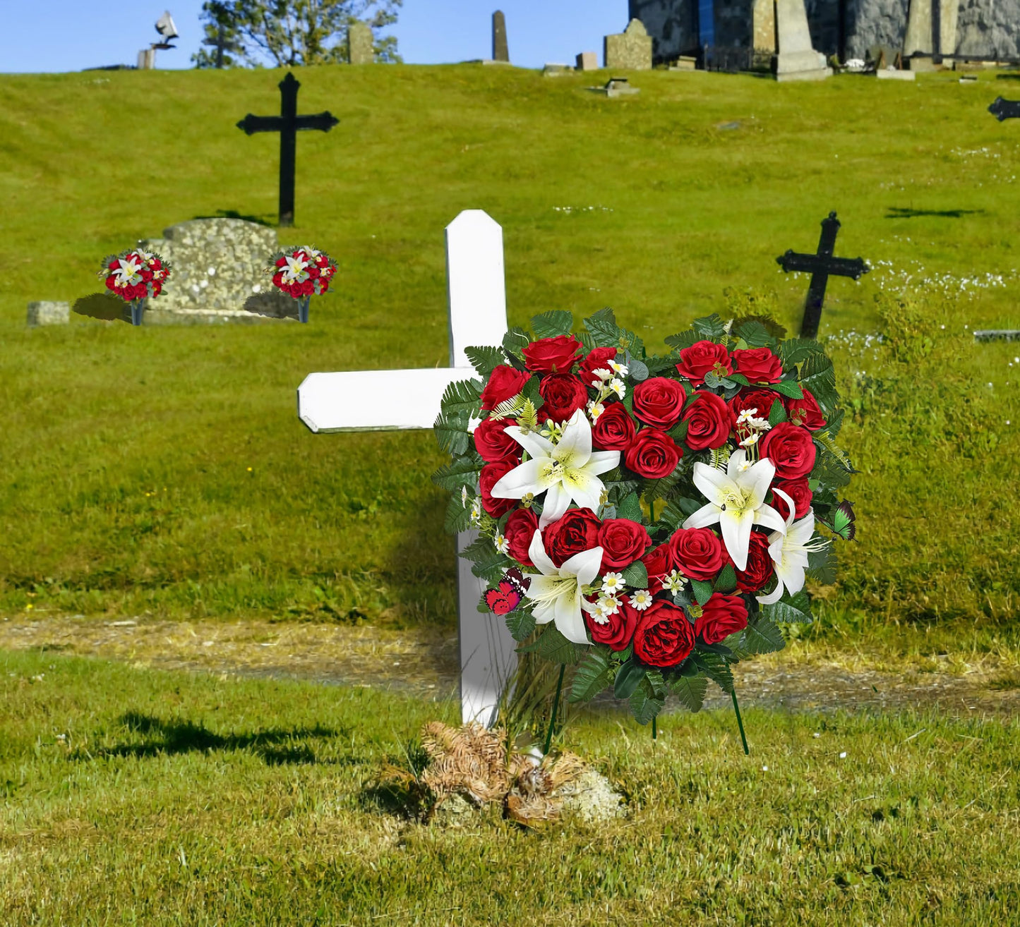 SUHOOKOO Cemetery Flower - Ebullient Remembrance Standing Heart, Grave Wreath with Easel Stand,Memorial Floral-Red Rose Hibiscus/White Lily-27 Inch