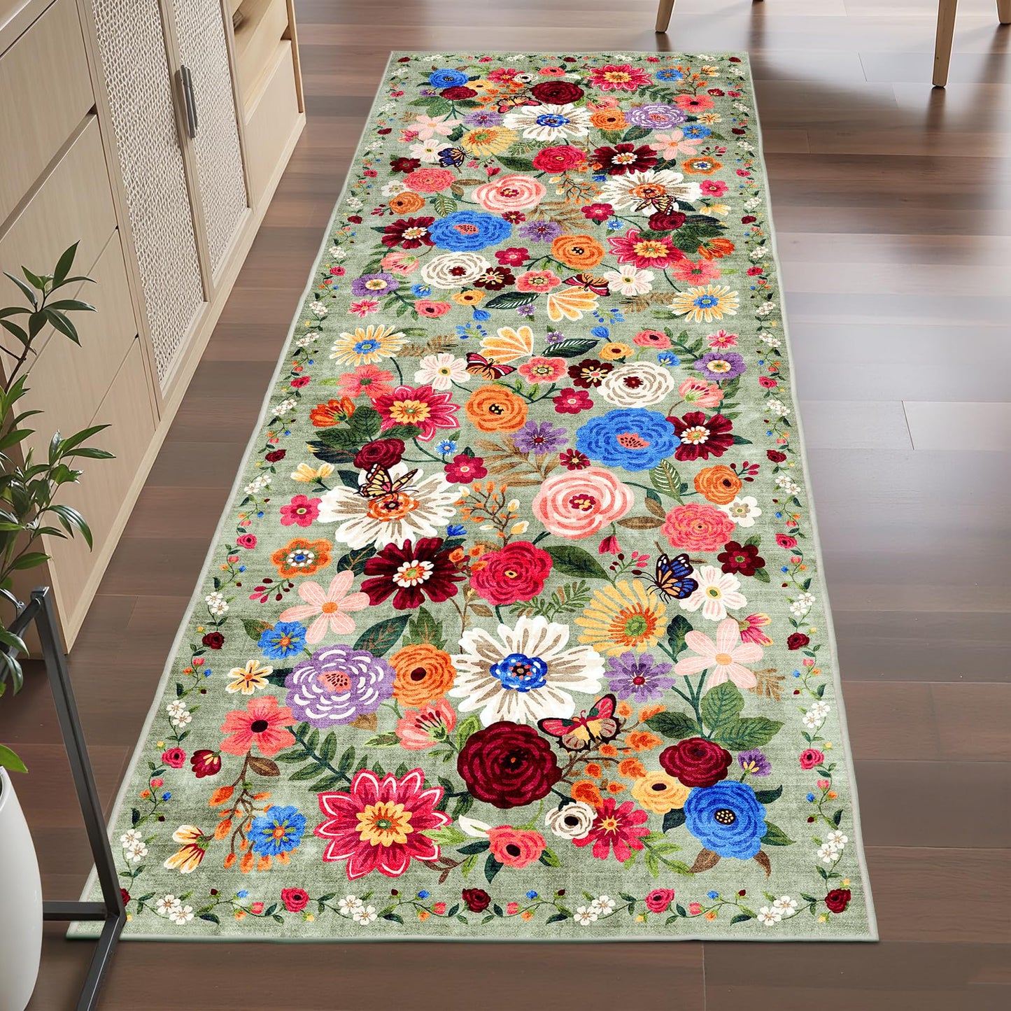 Rug for Hallways Kitchen Rug 3x7, Non Slip Washable Rugs with Rubber Backing Soft Floral Carpet Runner for Hallways, Kitchen, Laundry, Bedroom, Bathroom(3 x 7, Green Garden)