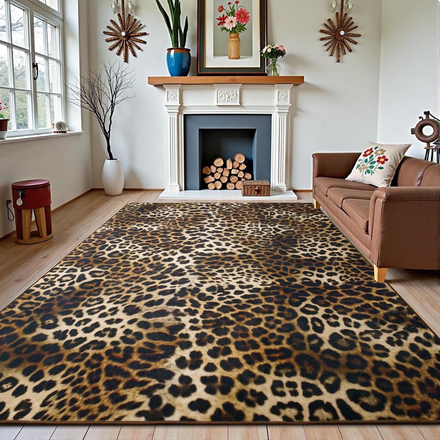 Foxmas Leopard Area Rugs for Living Room, 5x7 Feet Machine Washable Cheetah Print Rug, Non-Slip Indoor Floor Animal Rug, Carpet for Bedroom Dining Room Laundry Room Kitchen Home Office, Dark Brown