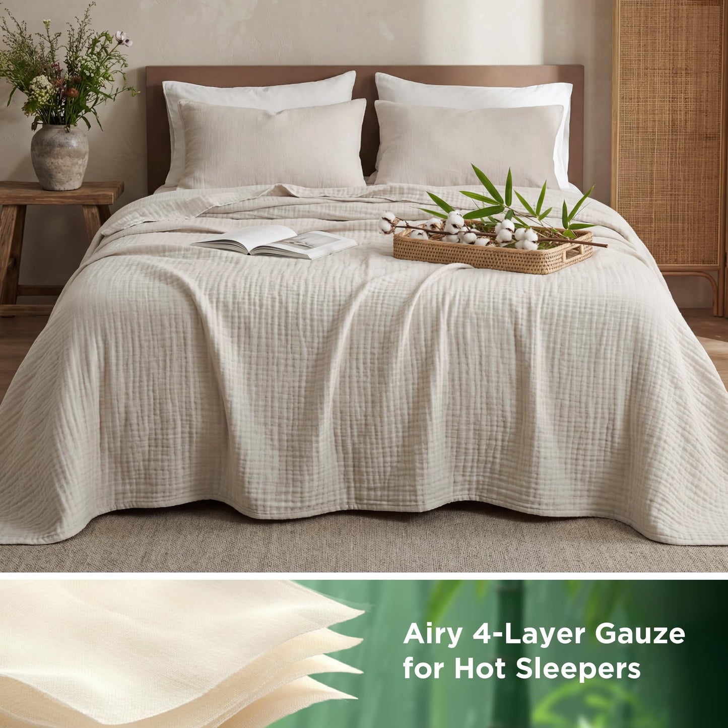 Bedsure Muslin Blanket King Size for Adults, Rayon Derived from Bamboo Lightweight Summer Cooling Blankets for Hot Sleepers, Cotton Breathable Gauze Blanket, Quilt, Coverlet, Linen Beige, 104"x90"