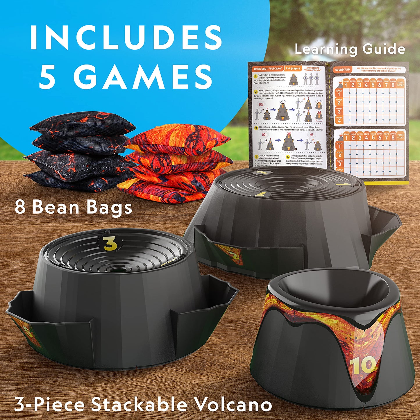 NATIONAL GEOGRAPHIC Volcano Bean Bag Toss Game for Kids - Kids Cornhole with 5 Backyard Games, Bean Bags, Volcano Tower & Decals, Yard Games for Kids, Outdoor Kids Games, Backyard Toys