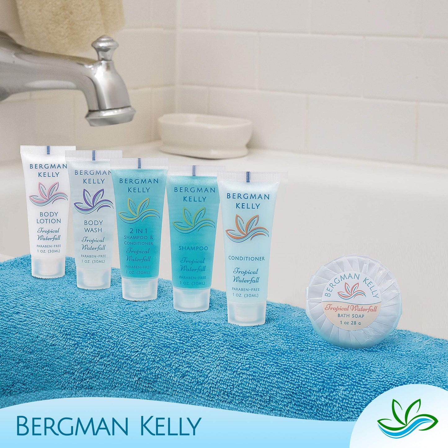 BERGMAN KELLY Travel Size Hotel Shampoo (1 fl oz, 100 PK, Tropical Waterfall), Delight Your Guests with Invigorating and Refreshing Shampoo Hotel Amenities, Mini & Small Size Luxury Shampoo in Bulk