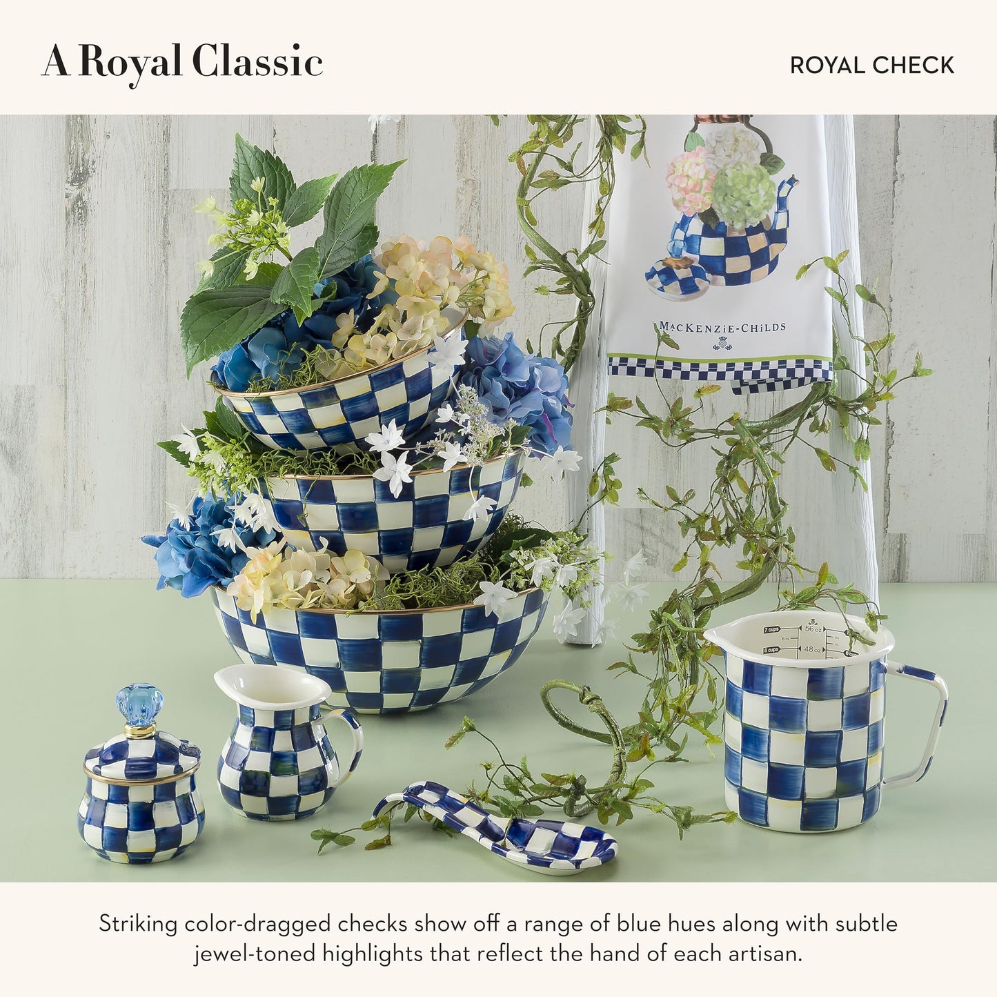 MACKENZIE-CHILDS Enamel Everyday Bowl, Serving Bowl for Entertaining, Extra Small, Blue-and-White Royal Check