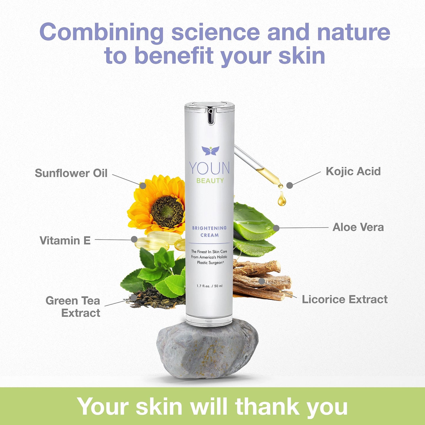 YOUN Beauty Brightening Cream with Kojic Acid, Glycolic Acid & Licorice Extract, 50ml – Hydroquinone-Free Cream for Face, Neck & Décolleté
