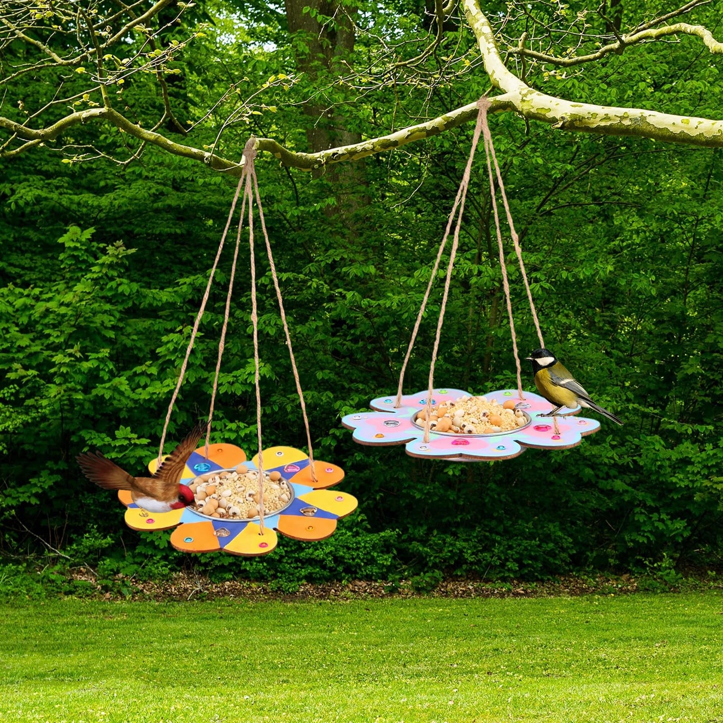 CroBlissful 12 Pack Bird Feeder Craft Kits for Kids DIY Your Own Bird Feeders with Paint and Paintbrushes Wooden Arts and Crafts for Kid Ornaments to Paint Feeders Craft for Garden (Petal Shaped)