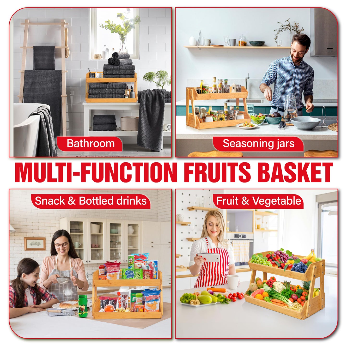 [Upgraded Length] 16.5-Inch Fruit Stand Storage Holder with 4 Sturdier Legs, 2-Tier Fruit Basket , Bamboo Fruit Bowl Holder for Fruit,Vegetables,Bread, Snacks, Home Kitchen Countertop Organizer