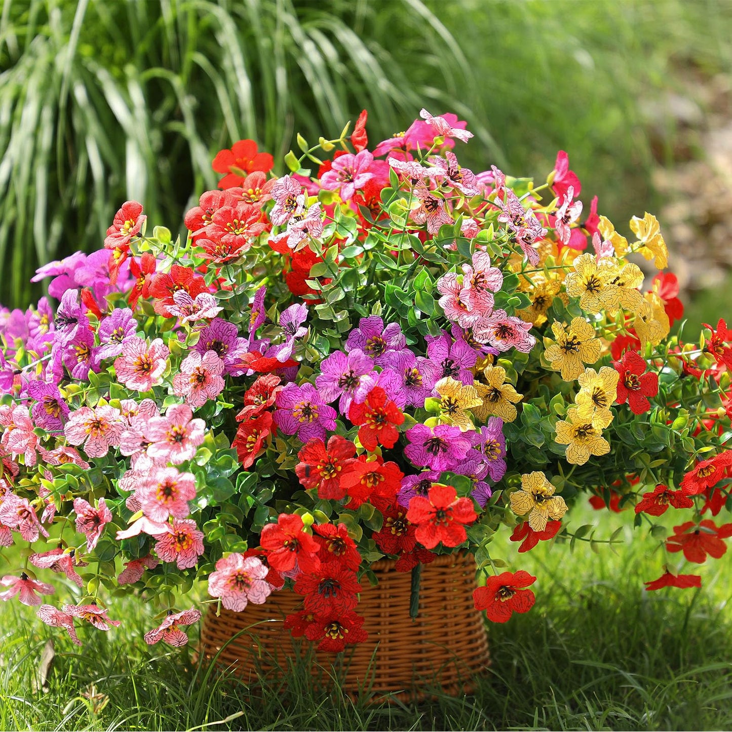 Powbrace Artificial Flowers Outdoor Fake Plants, Faux Silk Flowers Plastic Plants for Outdoors Indoor Outside Front Porch Hanging Planter Window Box Garden Home Spring Decoration, 14 Pack (Mix)