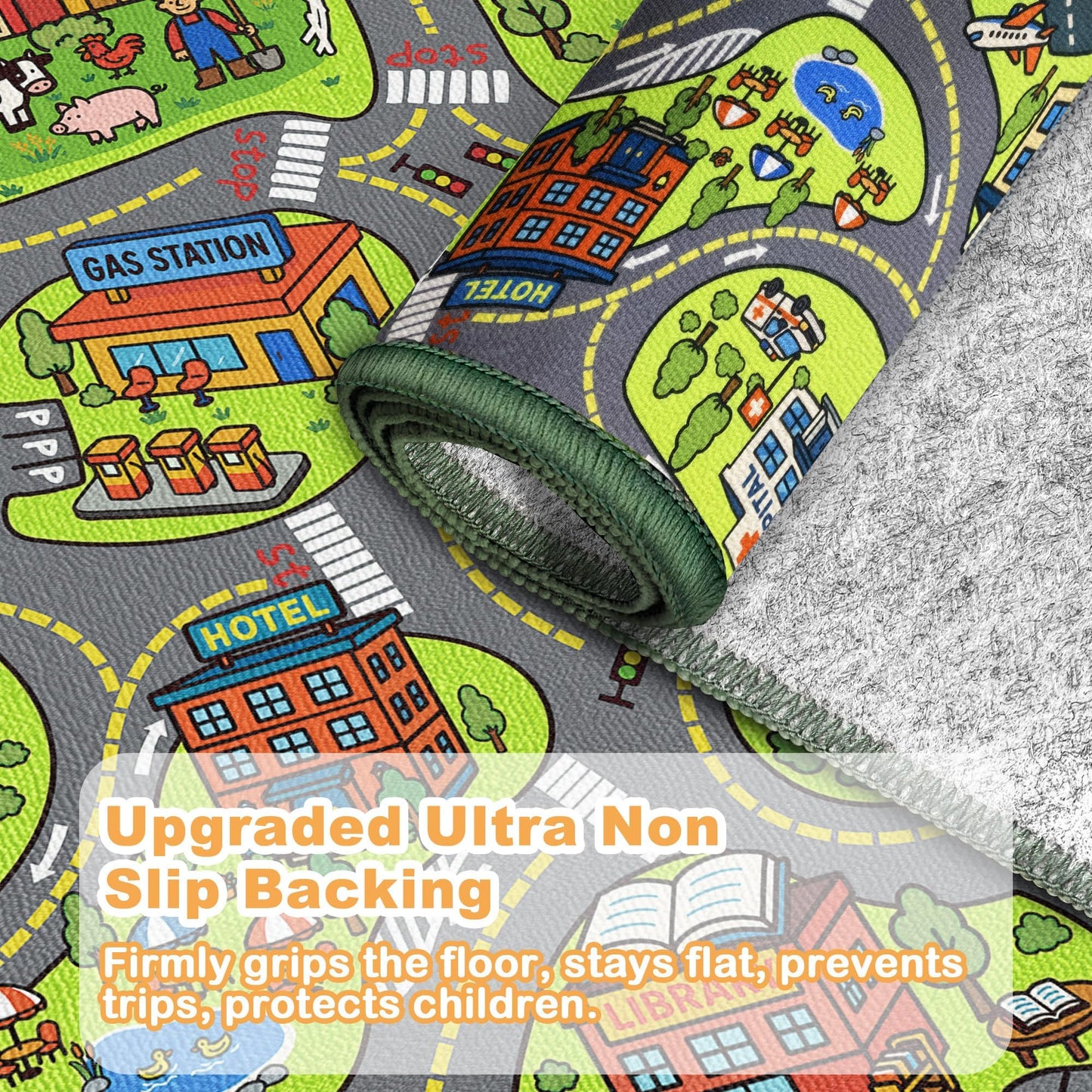 Upgrade Ultra Non Slip Kids Car Rug, Kids Road Playmat Rug for Toy Cars, Educational Town City Map Washable Carpet for Boy Playroom Bedroom, Safer Car Track Play Mat for Children Baby Toddler, 60"x36"