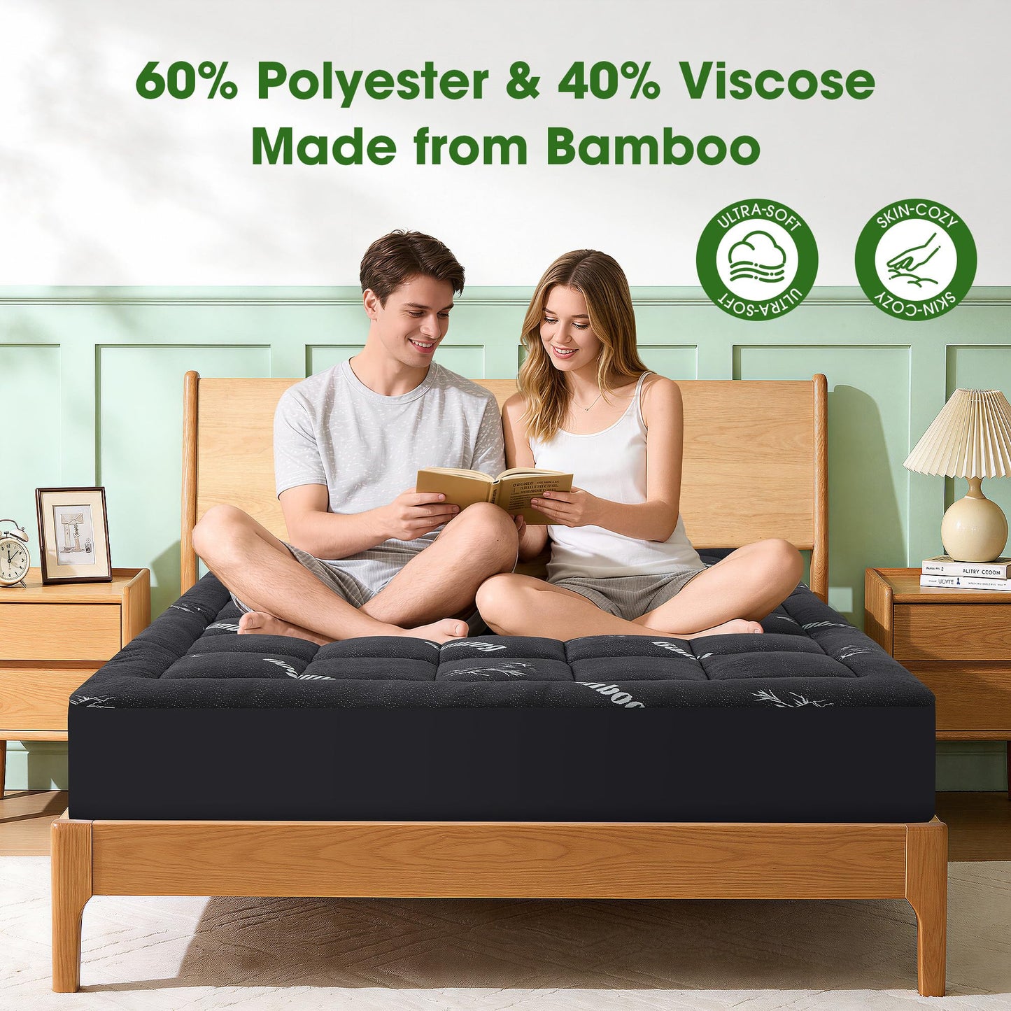 Mattress Pad King Size, Cooling Pillow Top Mattress Topper, Ultra Soft Viscose from Bamboo, Breathable for Hot Sleepers, Deep Pocket 8"-20", Black