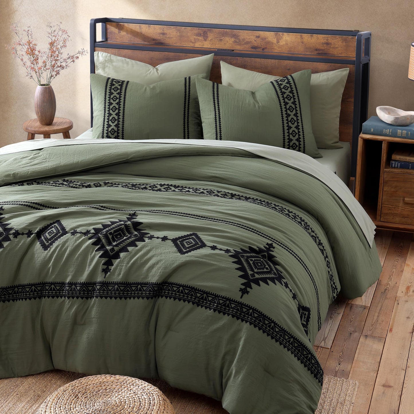 MAIREVE Embroidery Comforter Sets King Size Olive Green - 7 Pieces, Farmhouse Western Bedding Comforter Set, All Season Bed in A Bag King with Sheets, Comforters, Pillowcases & Shams