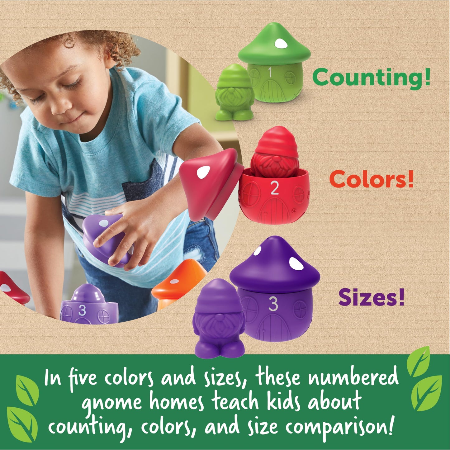 Learning Resources Peekaboo Gnome Homes - Eco Friendly Preschool Learning Toys, Montessori Toys for Toddlers Ages 18+ Months