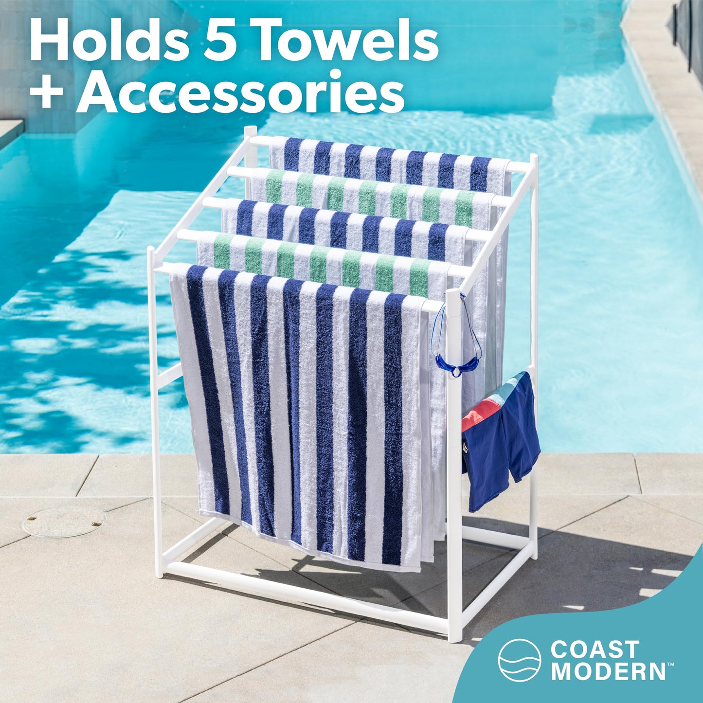 Coast Modern Pool Towel Rack – 5 Beach Towel PVC Drying Rack for Outdoor & Indoor Use - White