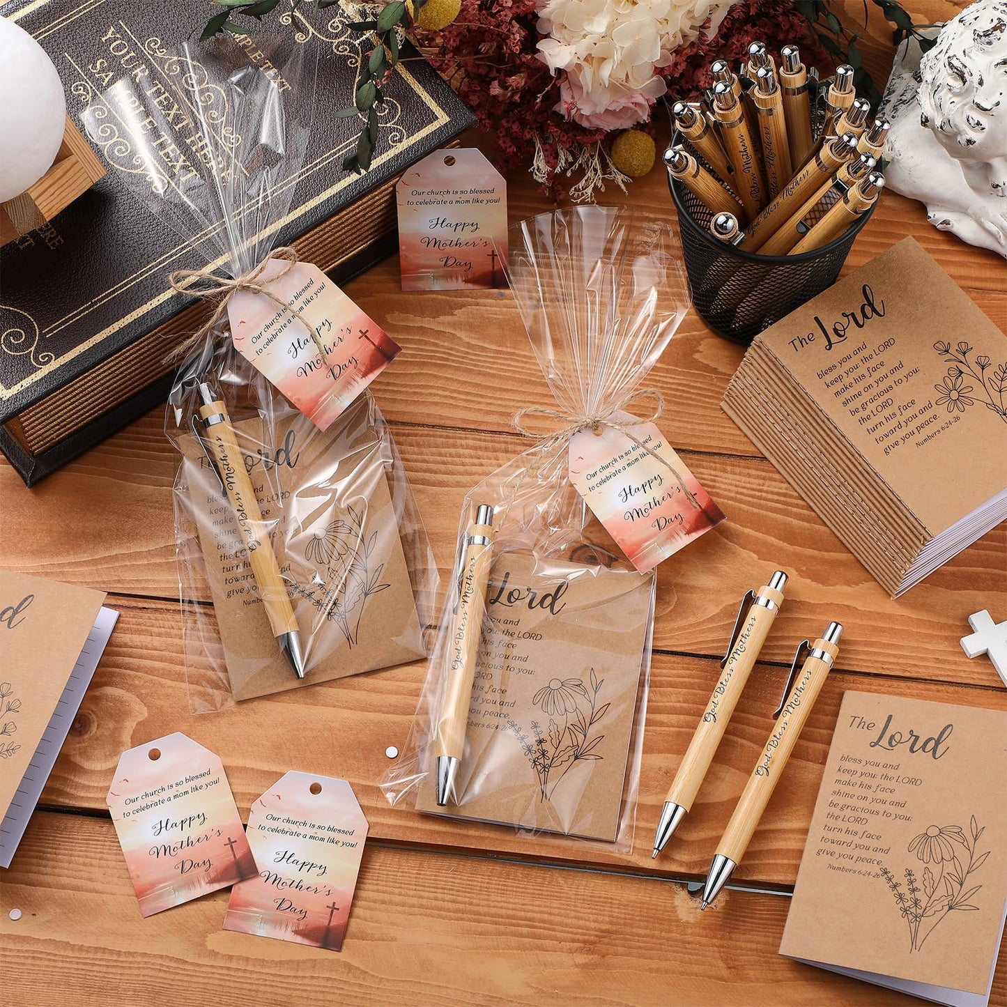 Moinchore 75 Sets Mothers Gifts Christian Bible Verse God Bless Mothers Pens Religious Notebooks Christian Gift Cards with Bags Twine for Women Church Sunday School (Flower)