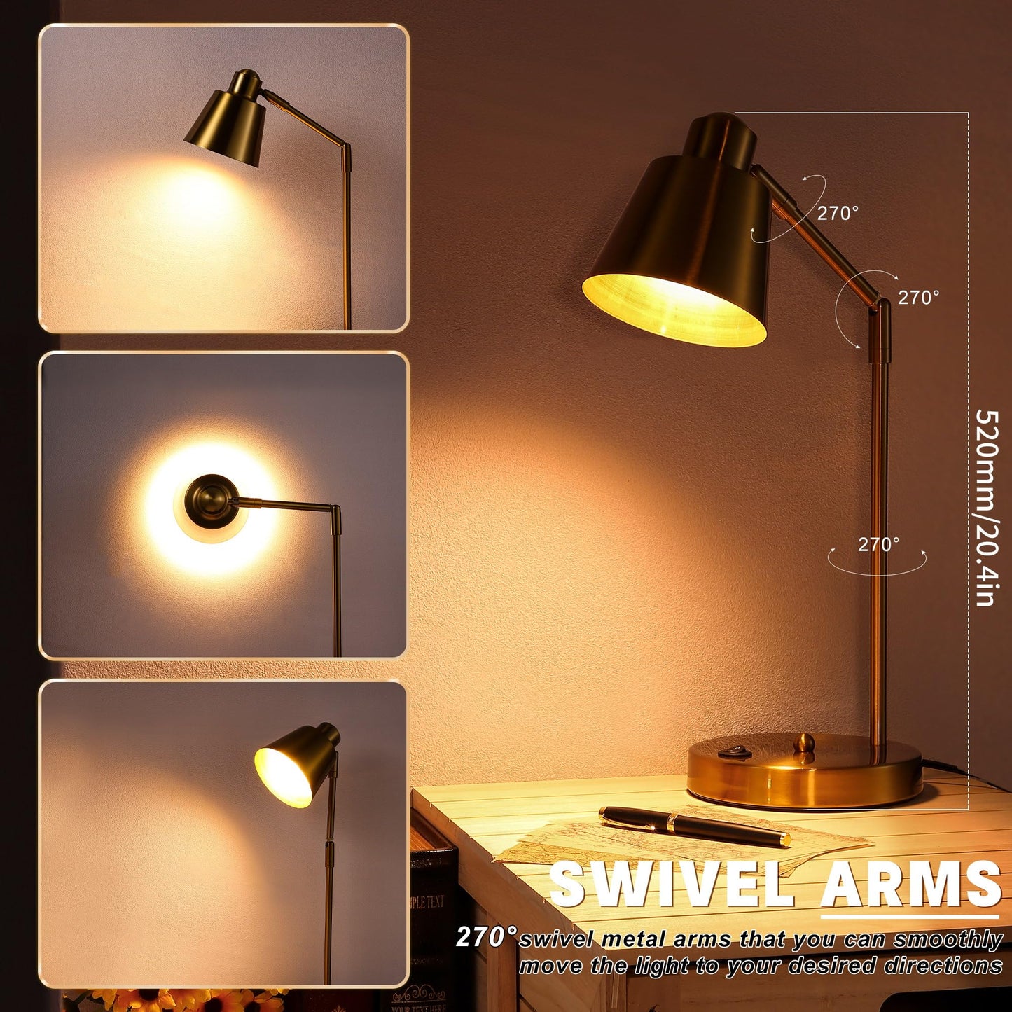 Anxingtools LED Desk Lamp with Dual USB Charging Ports, 100% Metal, 270° Swivel Arms, Soft White Light (3000K), Bedside Reading Lamp, Home Office Lamp(Golden)