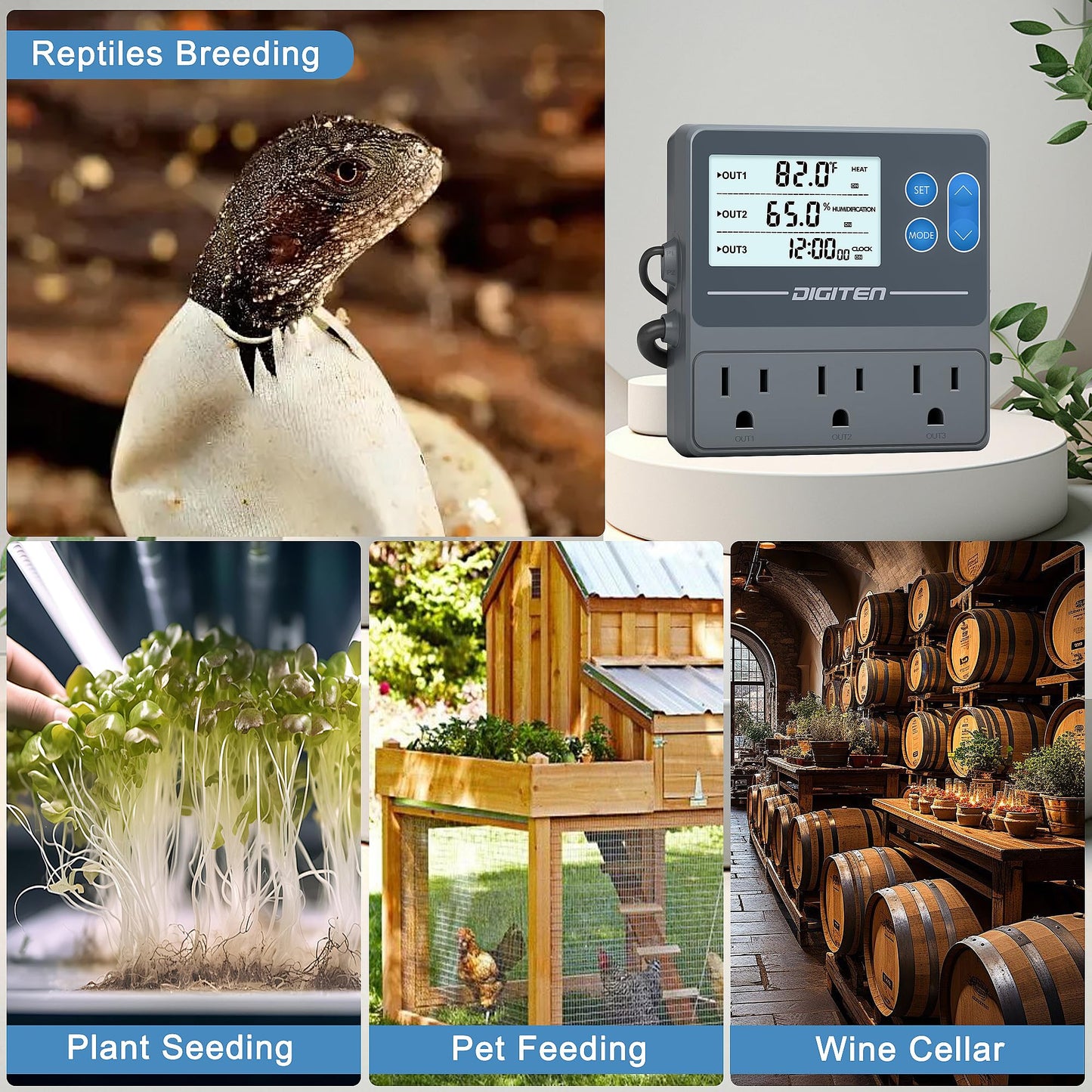 DIGITEN Reptile Temperature and Humidity Controller with Timer, Day-Night Function Thermostat, 3-Stage Outlet Plug in Temperature Controller for Reptile, Mushroom, Homebrew