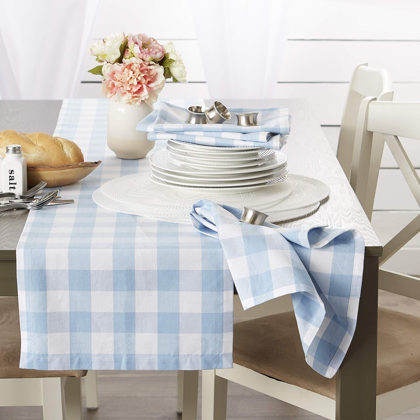 DII Buffalo Check Collection, Classic Farmhouse Tablecloth, 60 x 104, Light Blue & White
