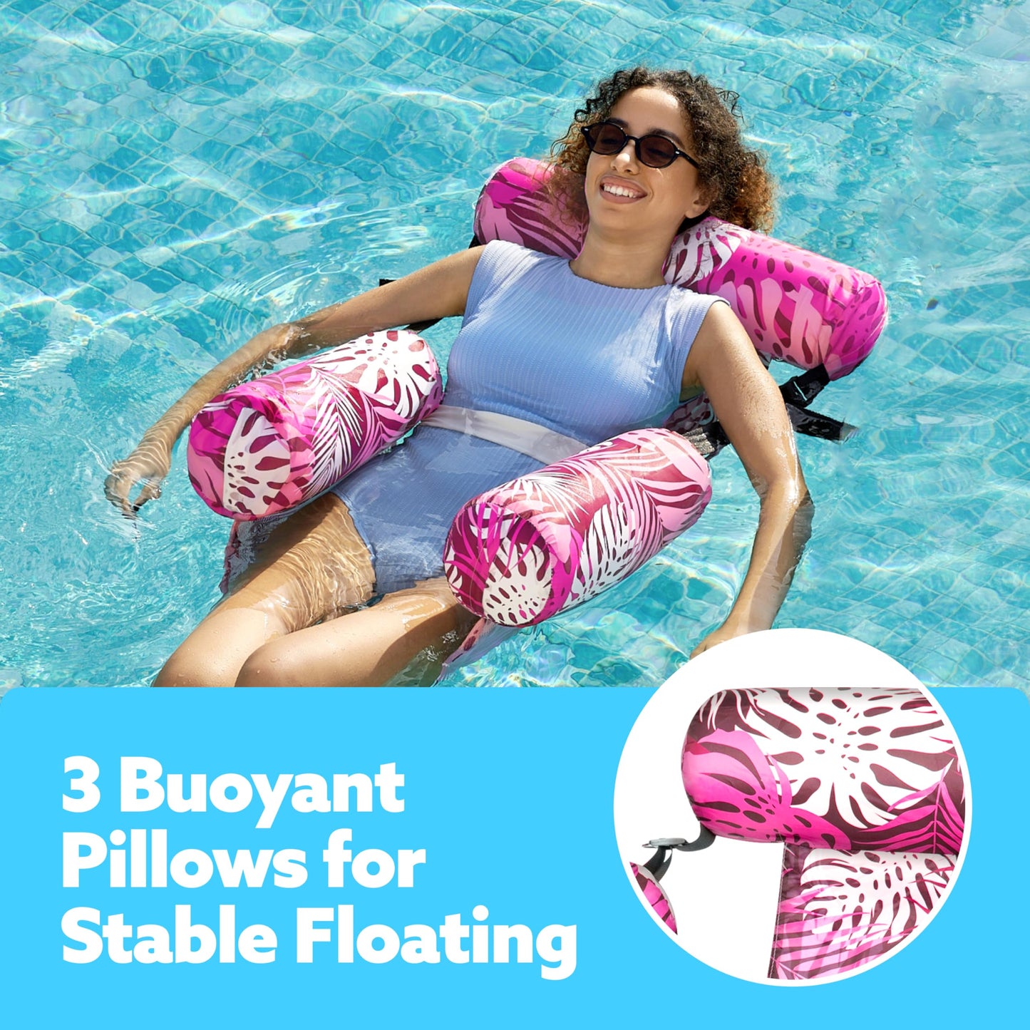 SLOOSH Inflatable Pool Floats Adult,2 Packs Floating Lounge Chairs,Blow up Pool Noodles for Adult Heavy Duty,Floating Chair for Party Summer Water Beach Lake Fun,Tropical Leaves-Pink,Blue