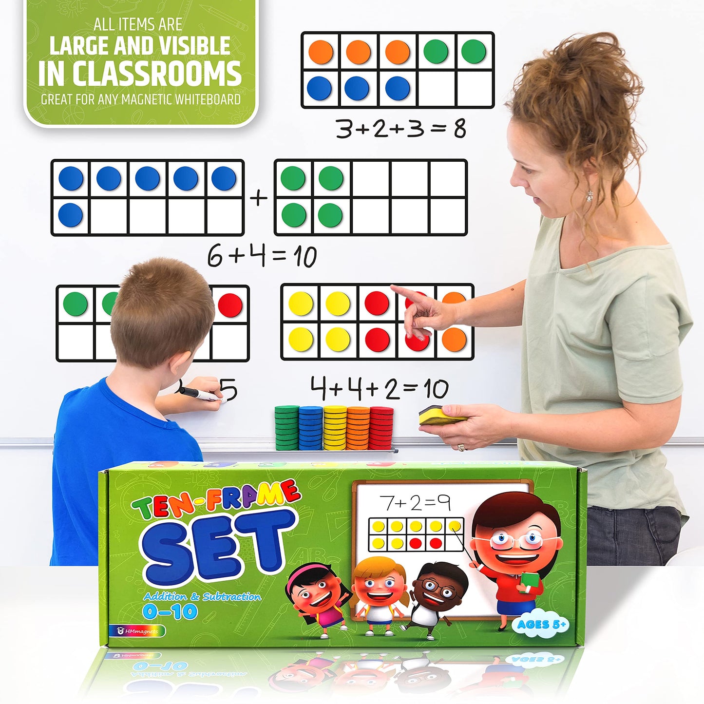 Magnetic Ten Frame Set: 4 Durable Ten-Frames + 50 Colorful Counters + 50 Math Flash Cards + 5 Dice - Addition & Subtraction - Math Manipulatives Kit for Home, Kindergarten & Elementary Teachers
