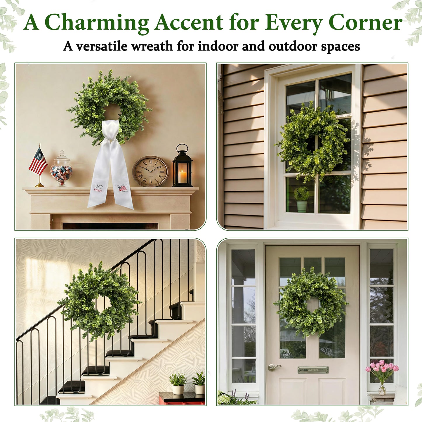 Presentastic 26 Inch Large Boxwood Wreaths for Front Door, Spring & Summer Artificial Wreath with Patriotic & Burlap Sash, Faux Greenery Year-Round Farmhouse Wedding Porch Window, Indoor Outdoor Decor