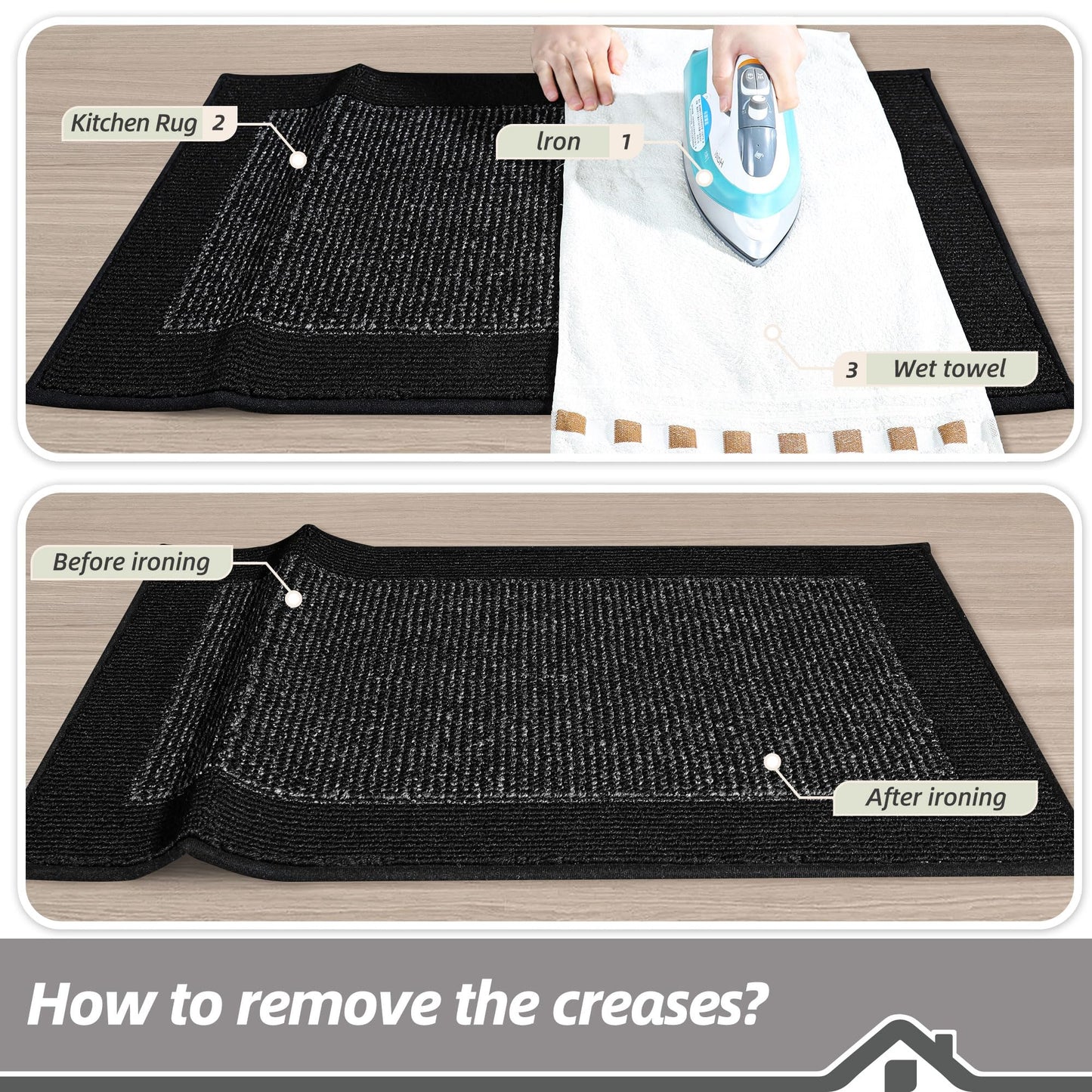 BEQHAUSE Kitchen Rugs and Mats Set of 2 Non-Slip Kitchen Mats for Floor, Absorbent and Stain Resistant Kitchen Runner, Machine Washable Rugs for Kitchen, Laundry & Sink, 24"x36"+24"x60", Black