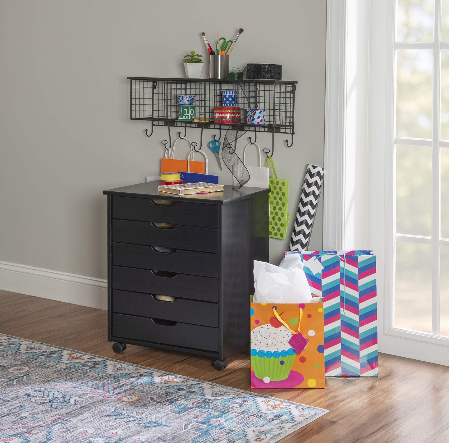 Linon Corinne Black Six Drawer Wide Rolling Storage Cart