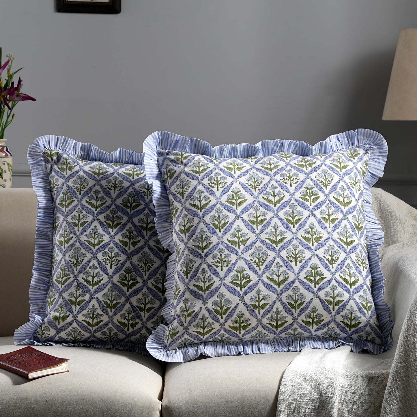 Ridhi Block Print Light Steel Blue Throw Pillow Cover 20" x 20" (Pack of 2) Decorative Cushion Covers with Ruffle for Couch, Sofa, Bed, Living Room, Home Decor Gift for Spring, Easter, Valentine