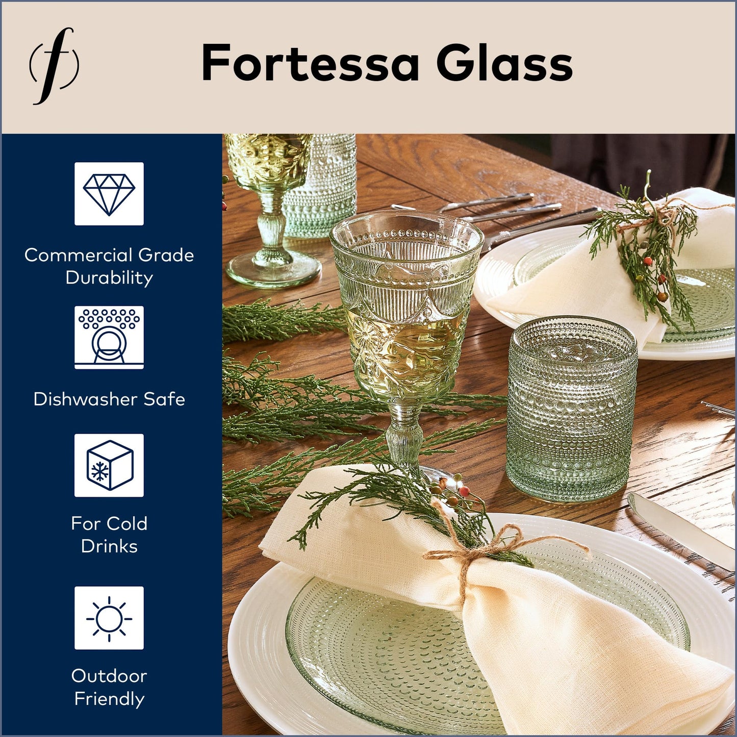 FORTESSA Debutante Vintage Themed Glassware, 10 Ounce Water Goblets (Set of 6), Dishwasher-Safe Water Glasses, Sage Green