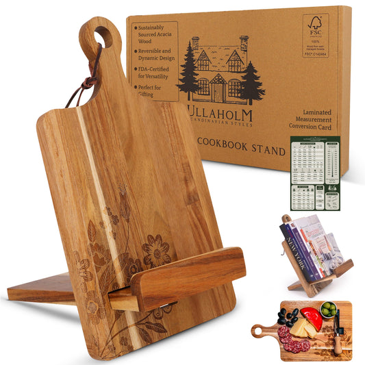 Wood Cookbook Stand for Kitchen Counter - Reversible Wooden Recipe Book Holder Stand with Cooking Measurement Conversion Card - Gift-Ready Adjustable Tablet Cook Book Holder with Charging Cable Slot