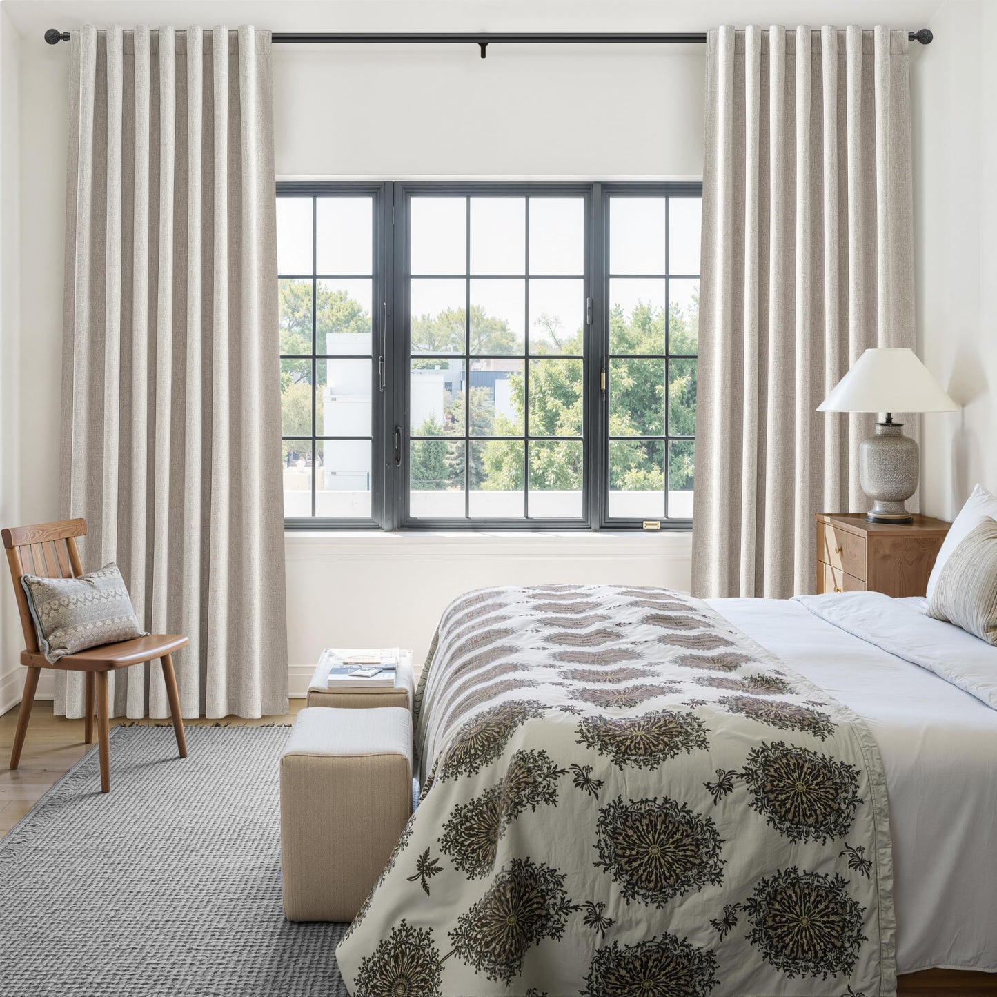 QJmydeco Black Out 96 Inch Long Boho Curtains 2 Panel Set, Farmhouse Curtains for Living Room Darkening/Thermal/Noise Reduction Textured Flax Linen Drape 8ft Hook&Ring Included Birch Off White 50"x96"