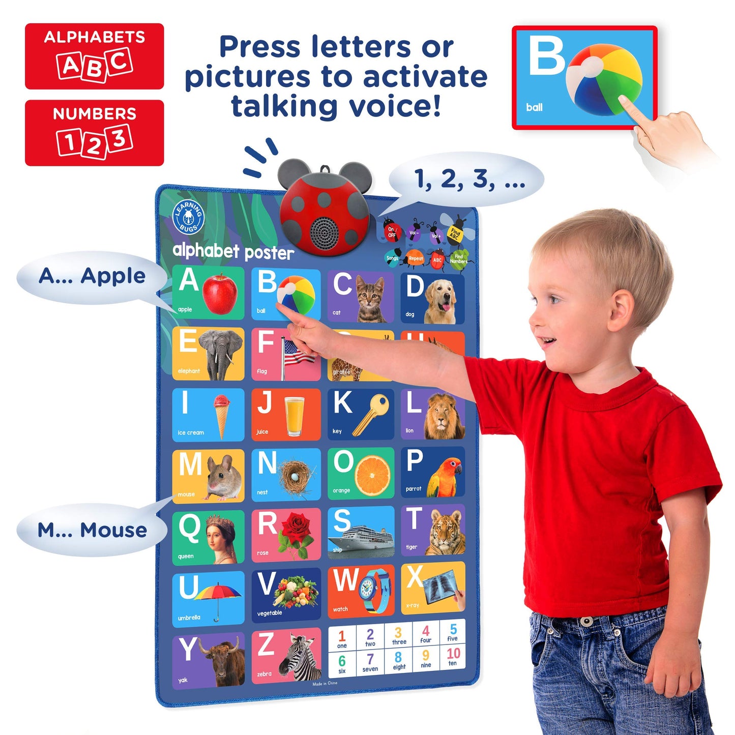 Learning Bugs Interactive ABC & 123s Talking Poster & Musical Wall Chart, Educational Toys for Toddlers