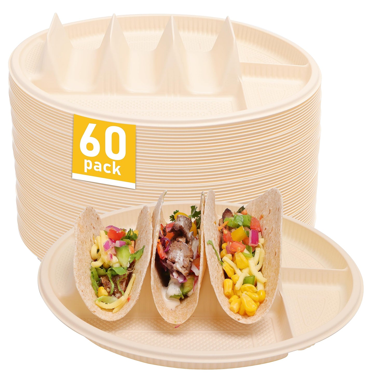 Large Disposable Taco Plates with Room for Sides, Biodegradable Cornstarch, Fits 6-8 Inch Soft or Hard Tortillas, Perfect for Taco Tuesdays, Party, Night, Bar, and Fiesta, Microwave Safe – 60 Pack