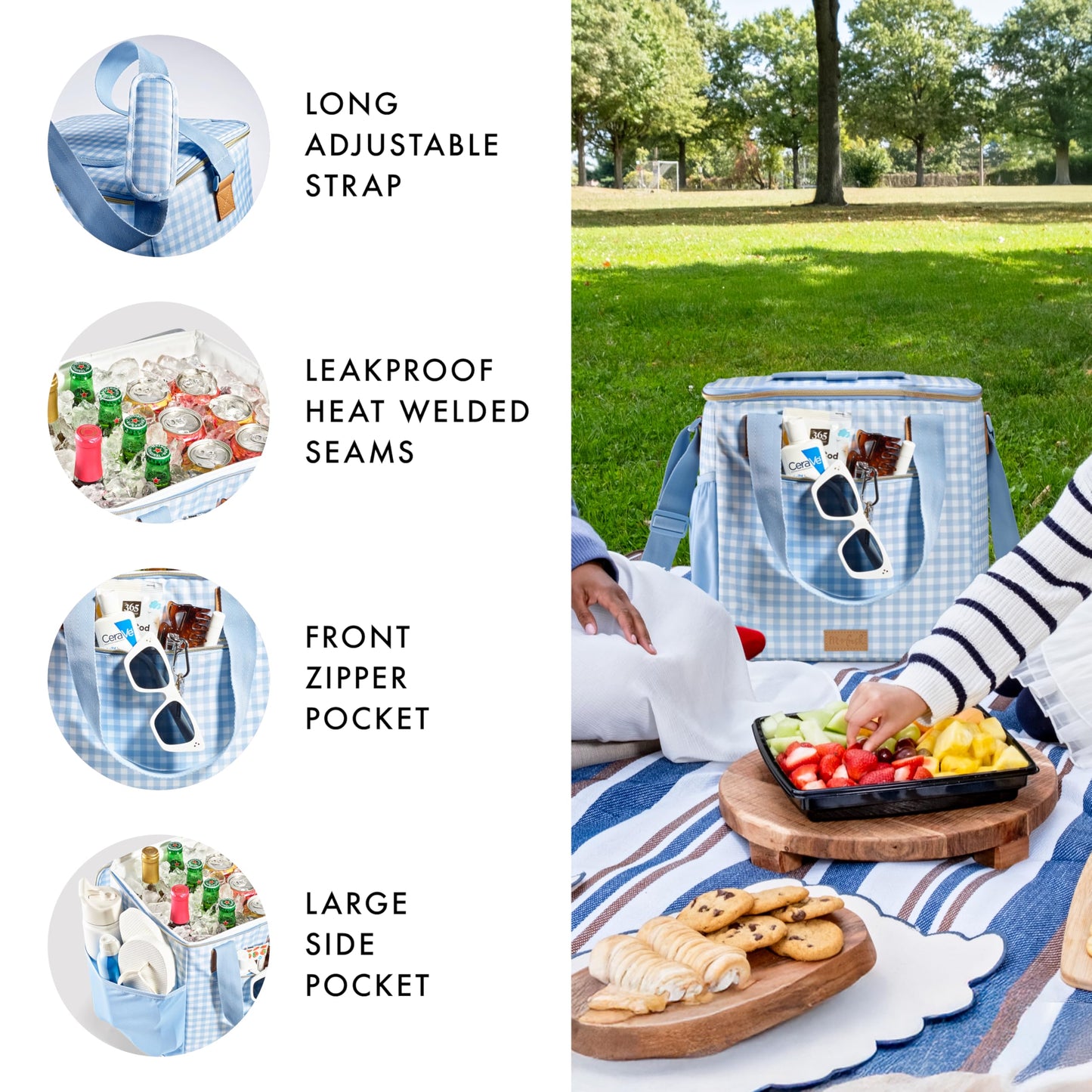 Fit & Fresh, 24-Can Soft Cooler Bag Insulated Leak-Resistant, Portable Soft Cooler, Large Cooler, Soft Sided Cooler Bag, Travel Cooler, Blue Gingham