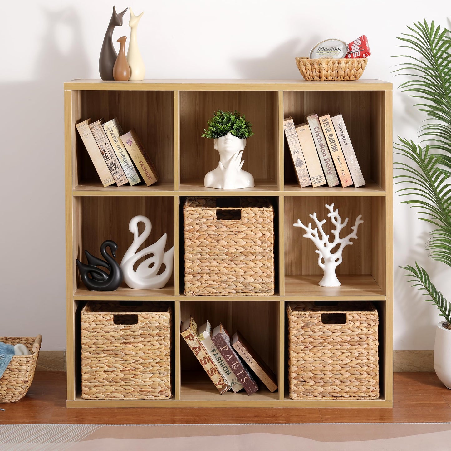 12 x 12 x 12in Water Hyacinth Storage Baskets, Wicker Storage Baskets for Shelves, Foldable Square Bins for IKEA Kallax Set of 3, Large Cubby Rattan Basket, Wicker Basket for Organizing