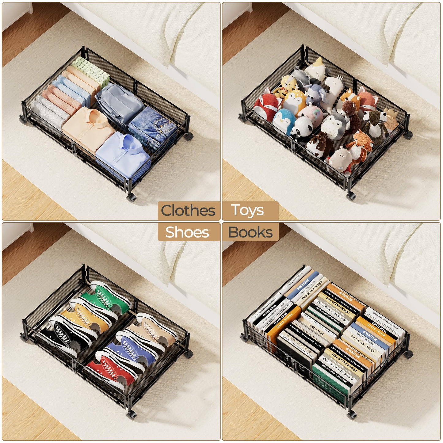Yecaye Under Bed Storage with Wheels, 4 Pack Under Bed Shoe Storage Organizer Drawer, Tool-free Assembly Metal Underbed Storage Containers for Clothes, Shoes, Toys, Black