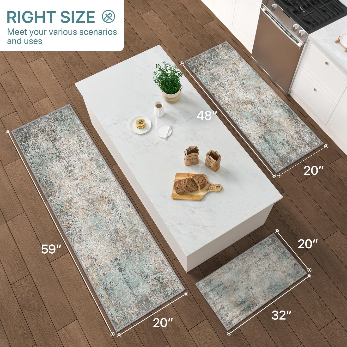 GENIMO Kitchen Rugs Sets of 3 Non Slip Washable Kitchen Mats for Floor, Waterproof Abstract Kitchen Runner Rug, Floor Mat Carpet for Hallway, Laundry, Sink, Entryway, Bathroom, Green&Brown