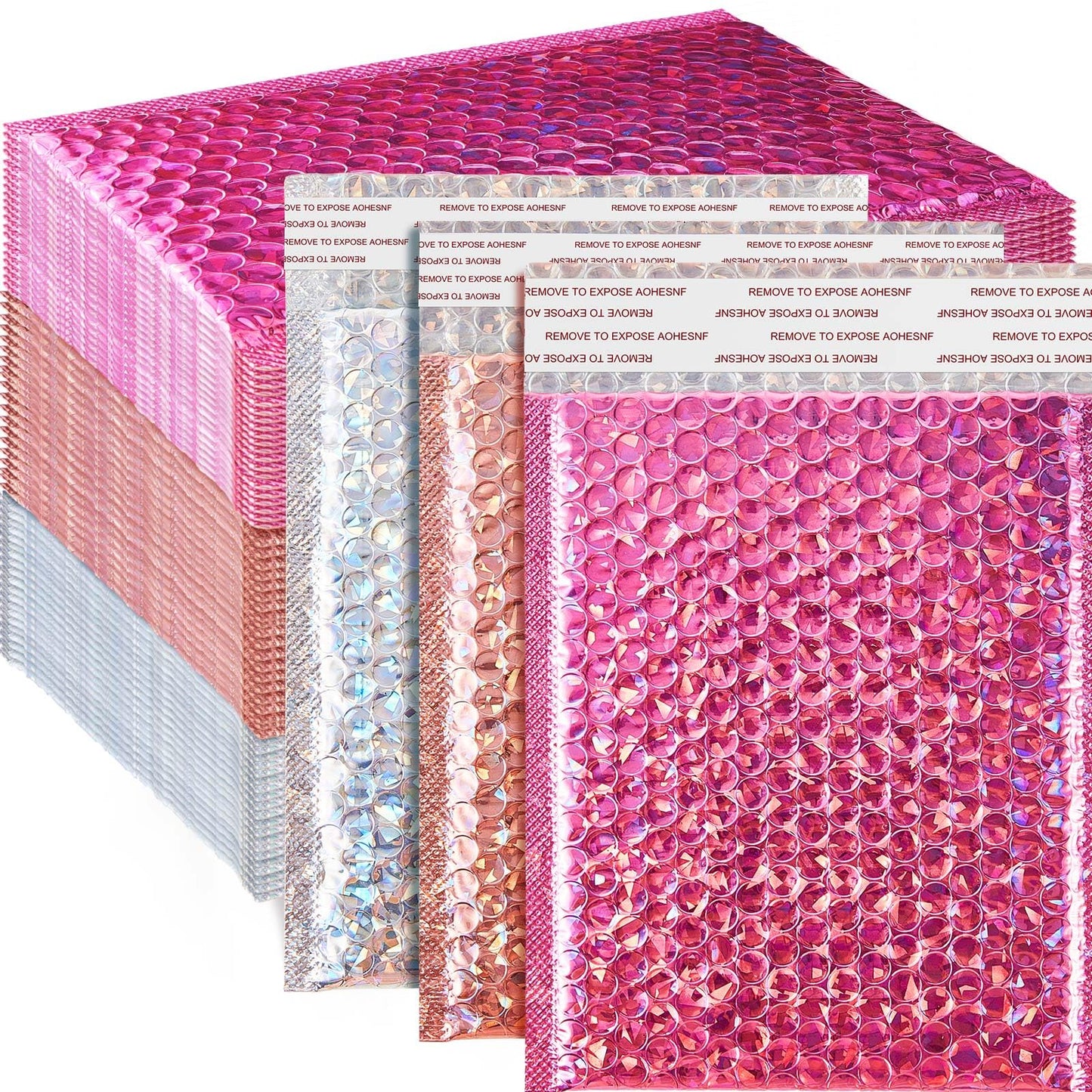 Henoyso 60 Pcs 8 x 11.5 Inch Holographic Bubble Mailers Metallic Padded Envelopes Self Seal Waterproof Shipping Bags Thick Cushioning Mailers for Book Clothes Makeup Jewelry, Silver, Pink, Rose Pink