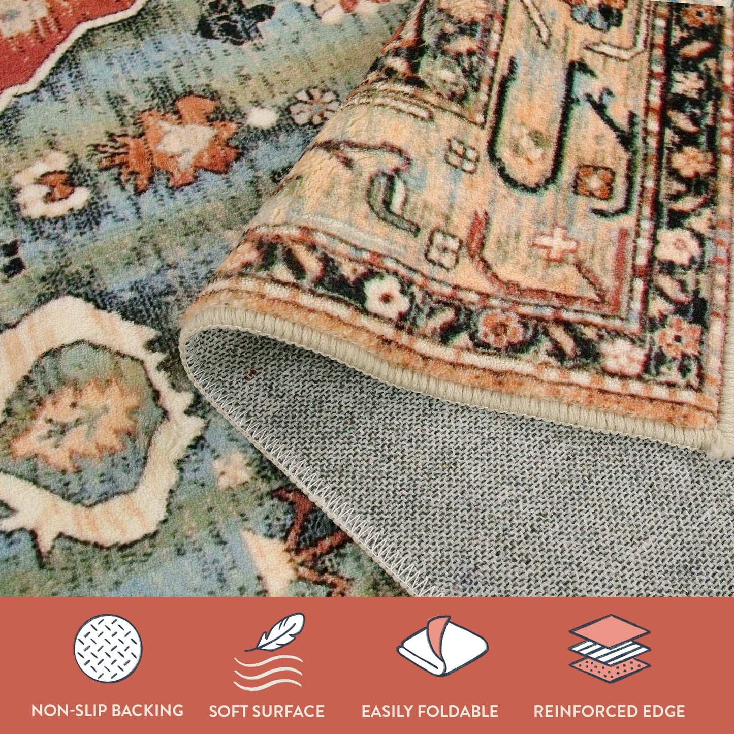 Lahome Boho Tribal 2x5 Kitchen Runner Rugs Non Skid Washable, Soft Runners for Hallways, Oriental Long Bathroom Floor Throw Carpet Runner for Entryway Laundry Room Bedroom (Rust/Dull Teal,2x5ft)