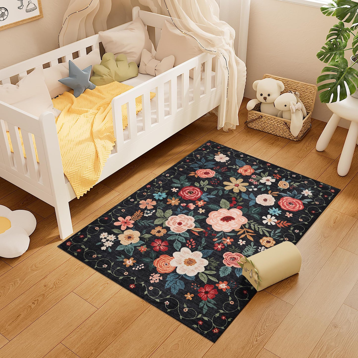 DUKINO 3x4 Area Rug, Lightweight Non Slip Washable Floral Rug, Indoor Low Pile & Non-Shedding Boho Design Carpets for Bedroom, Kitchen, Dining Room, Black
