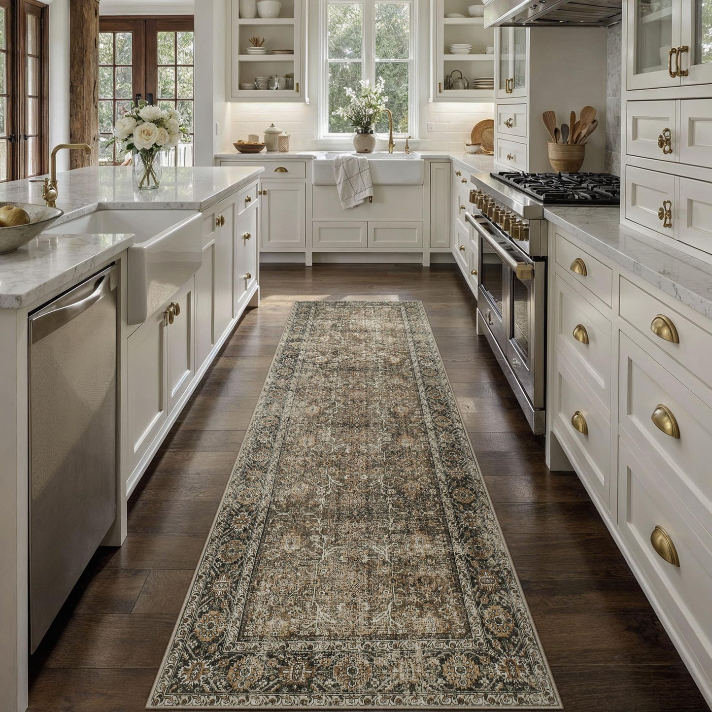 PureCozy Brown Runner Rug 3x12 Vintage Area Carpet Hallway Long Indoor Kitchen Washable Living Room Low Pile Traditional Distressed Retro Accent Throw Rug Non Slip Laundry Bathroom Office Dining Room