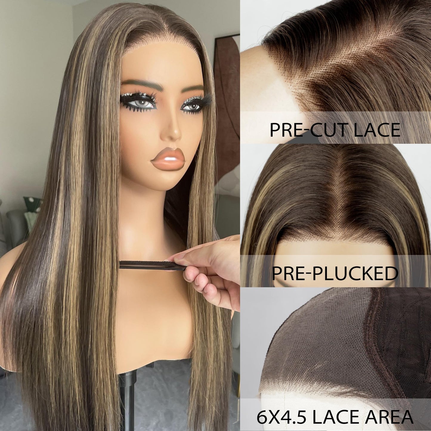 BLL Highlight Wig, Synthetic Pre Plucked Pre Cut 6x4.5 Lace Front Wigs for Black Women 26inch 4/30 Brown Blonde Highlights Honey Brown Straight Wigs Beginner Friendly