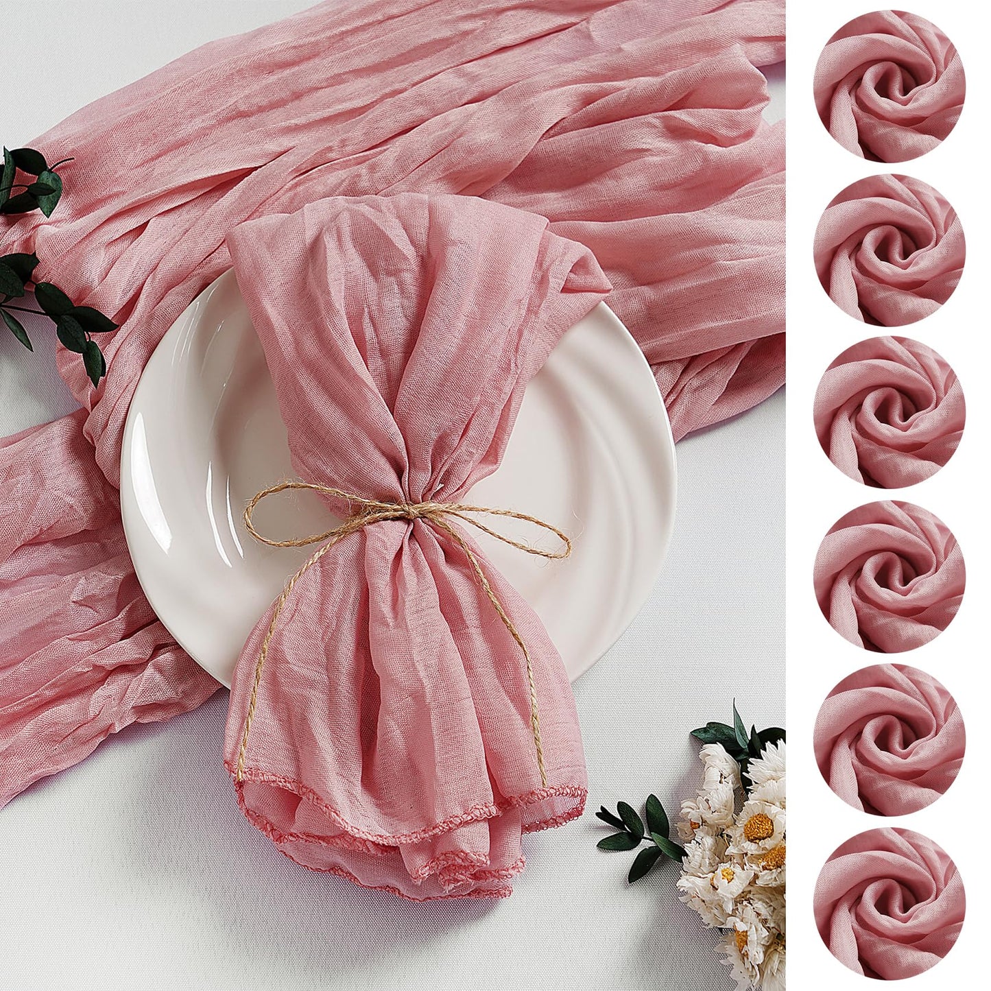 LZY 60 Pack Gauze Cheesecloth Napkins 20x20 Inch Dinner Cloth Napkins, Soft Boho Table Napkins Rustic Wrinkled Cheese Cloth Napkins Bulk for Wedding Party Baby Shower Event Decor (Dusty Pink)
