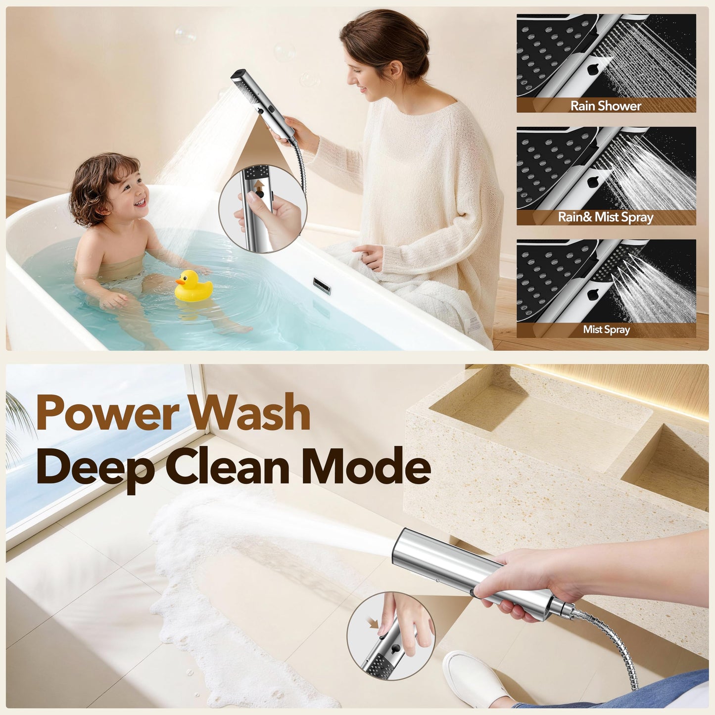 JDO High Pressure Rain Shower Head with Handheld Spray, 7 Modes Dual Shower Head Combo, 10 Inch Rainfall Showerhead Detachable, Power Wash for Bathroom Cleaning