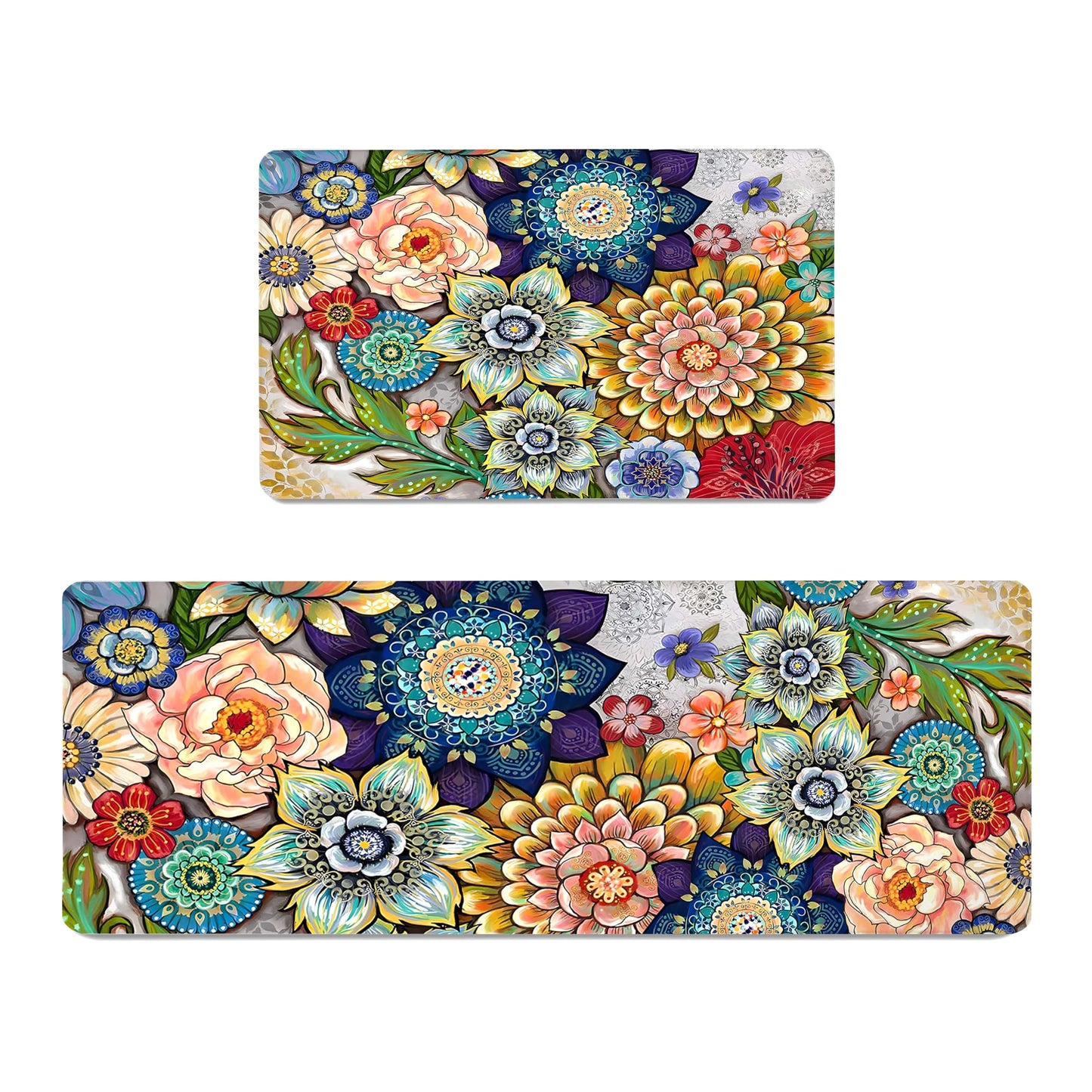Tubeamin Boho Floral Kitchen Rugs Mats for Floor 2 Piece Memory Foam Padded Kitchen Mats Anti Fatigue Non Slip Cushioned Comfort Standing Mat, 17.3x28+17.3x47 Inch
