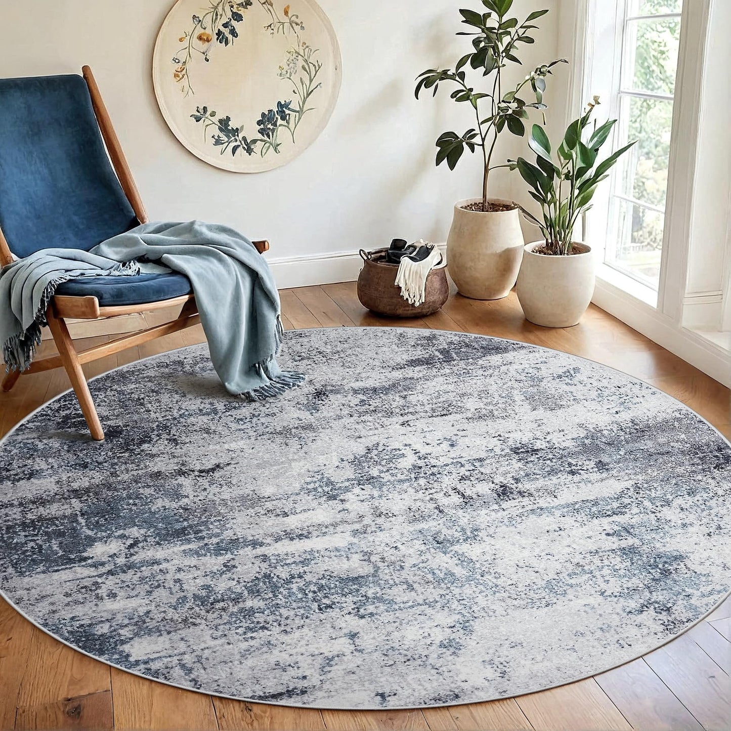 Round Rug 6ft Circle Rug Washable: Carpet Small Circular Area Rug for Entryway Kitchen Bedroom Dining Room Living Room 6 Feet Abstract College Dorm Non Slip Low Pile Blue Grey