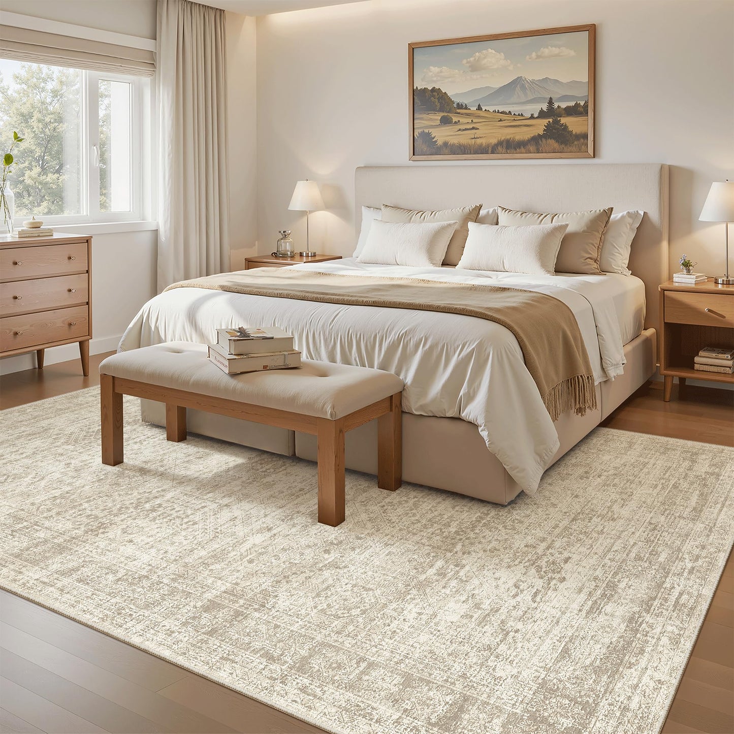 Soalmost 5x8 Area Rugs Beige Low Pile Indoor Washable Trendy Faded Style Rugs for Bedroom Living Room Dining Room Foldable Non-Slip Thin Print Home Office Mat